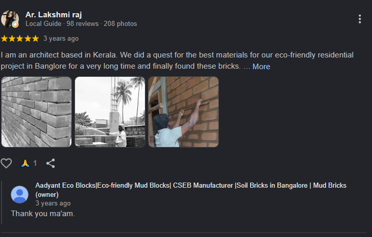 Google review from Ar Lakshmi Raj about eco-friendly mud brick construction