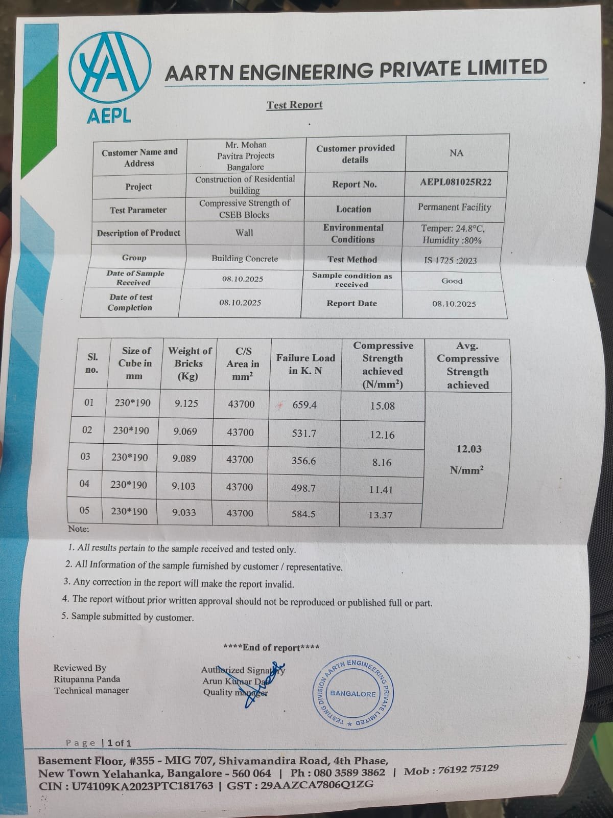 Original laboratory compressive strength test report